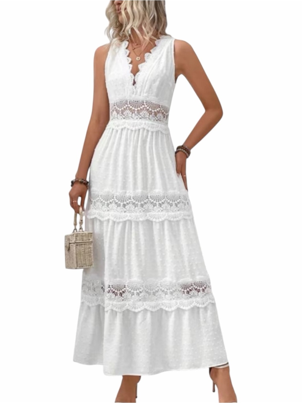 Boho White Lace Maxi Dress Medium Beach Wedding Vacation Cottagecore - Picture 2 of 7